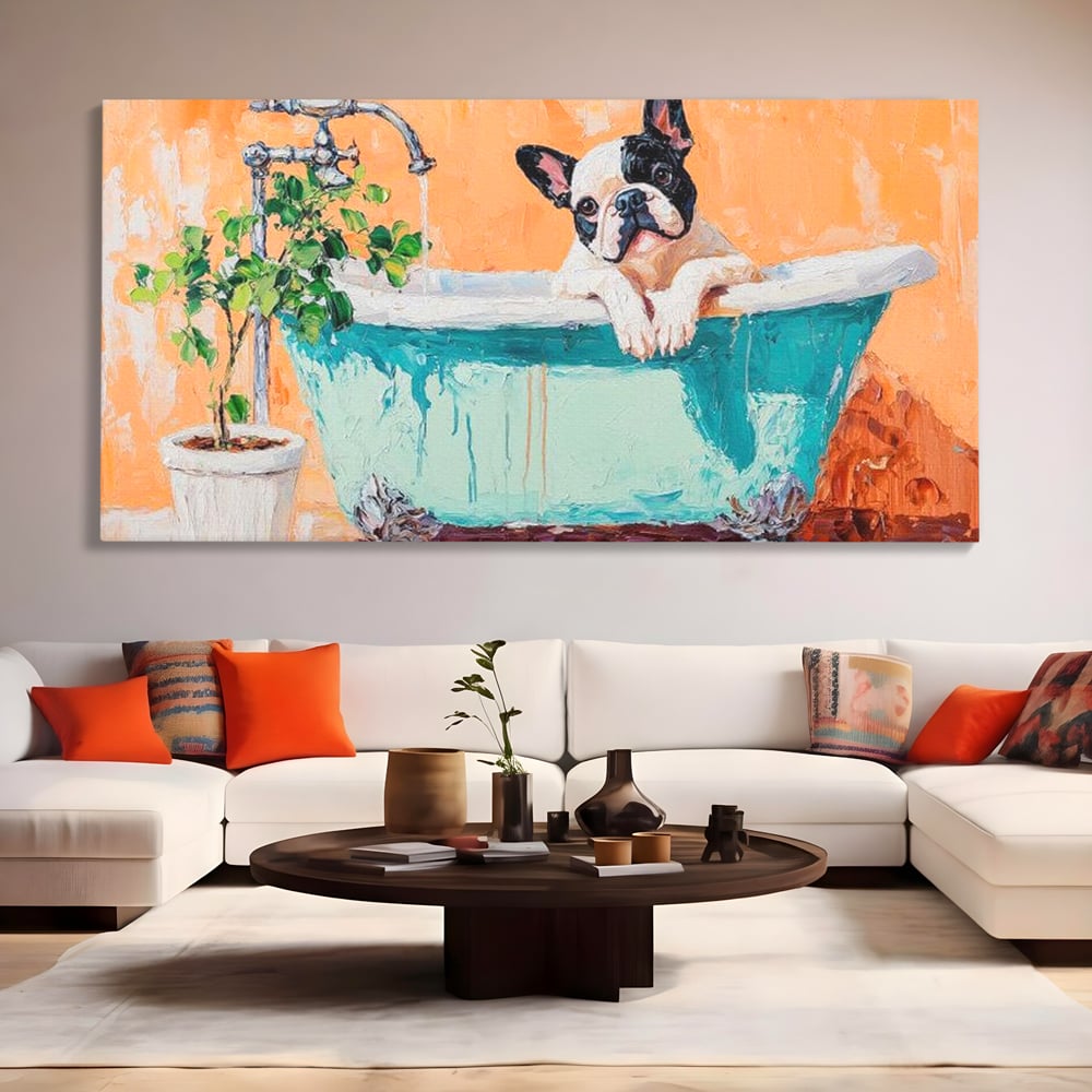 Tablou canvas cu tablou canvas cu bulldog in cada, fara rama, pe sasiu de lemn, pe perete intr-un living